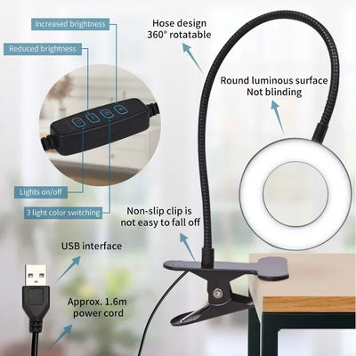 LED Desk Clip Study Lamp USB 3 Colours Adjustable Bedside Desk Night Lamp Multi-purpose Flexible Black Reading Lights