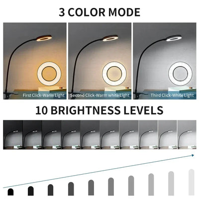 LED Desk Clip Study Lamp USB 3 Colours Adjustable Bedside Desk Night Lamp Multi-purpose Flexible Black Reading Lights